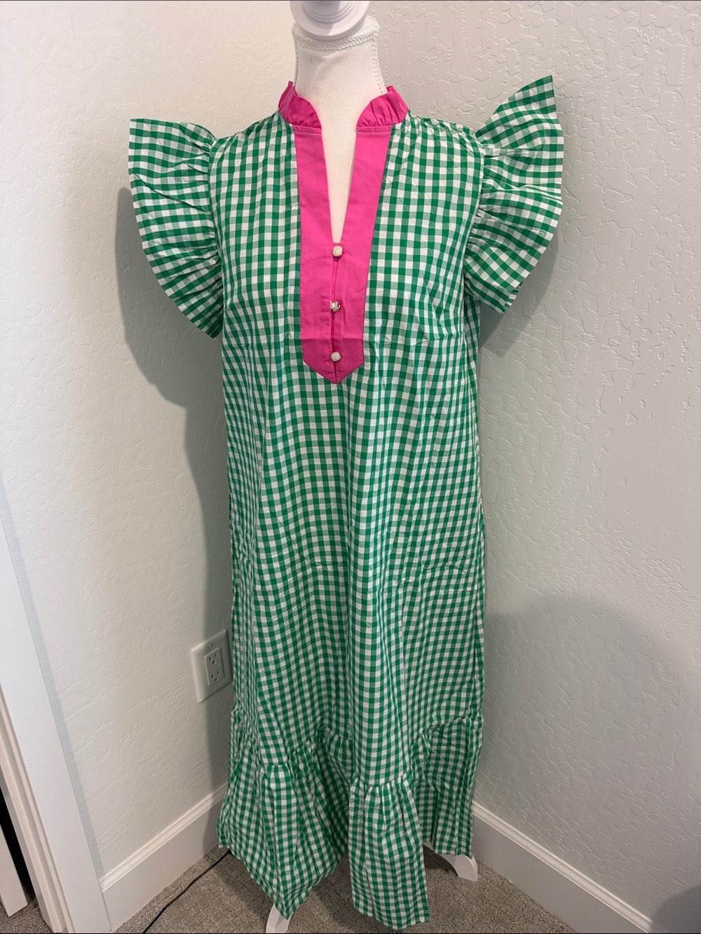 Green Gingham Maxi Dress with Pink Trim NWT